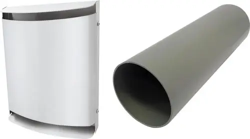 Zwei Lüftungselemente: links eine weiße Metall-Außenhaube mit gebogenen Kanten, rechts ein grauer zylindrischer Rohrelement. Beide Produkte könnten Bestandteil eines Bosch-Lüftungssystems sein.